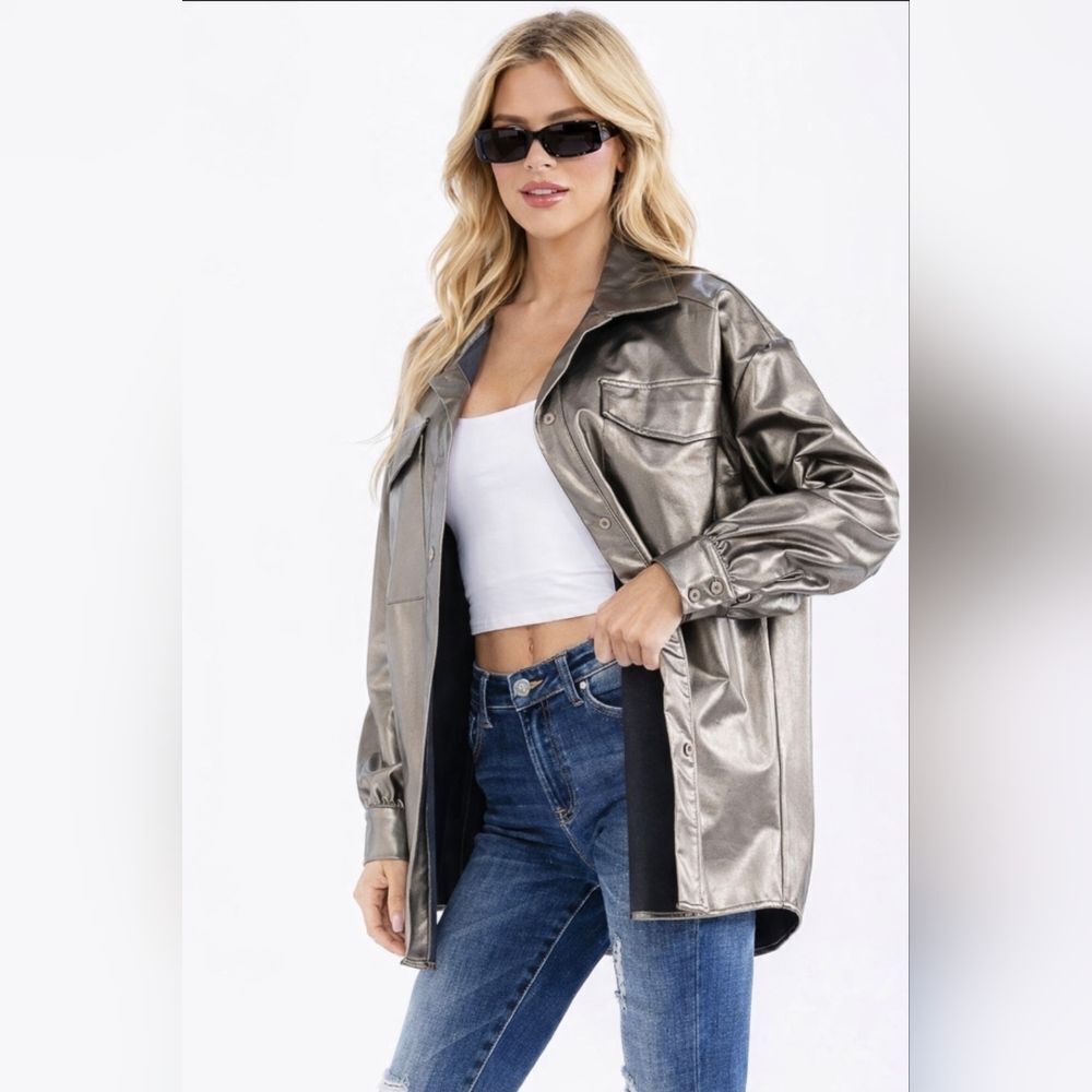 Women’s PU Pleather Button-Front Jacket with Utility Pockets